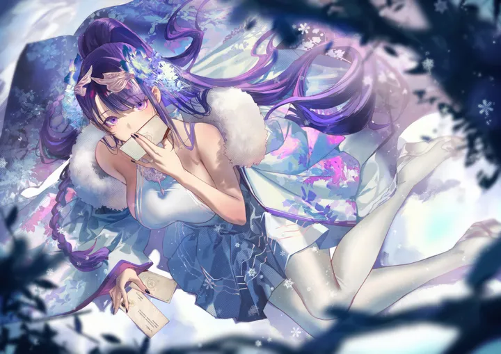 1girl,braid,breasts,solo,sitting,hair_flower,hair_ornament,very_long_hair,holding,horizontal,fur_trim,looking_at_viewer,purple_hair,purple_eyes,large_breasts,dress,pantyhose,covering_mouth,long_hair,bare_shoulders,ponytail,high_heels,flower