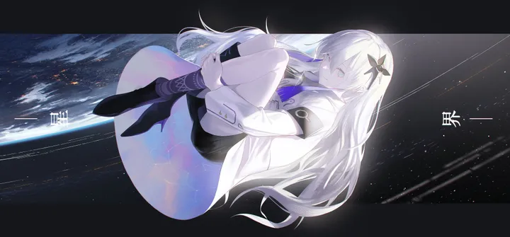 1girl,virtual_youtuber,full_body,bangs,solo,coat,multicolored_hair,sky,hair_ornament,jacket,space,hugging_own_legs,star_sky,horizontal,floating,white_coat,white_hair,white_jacket,looking_at_viewer,shorts,blue_eyes,fetal_position,planet,socks,long_hair,long_sleeves,boots,high_heel_boots,high_heels,black_footwear