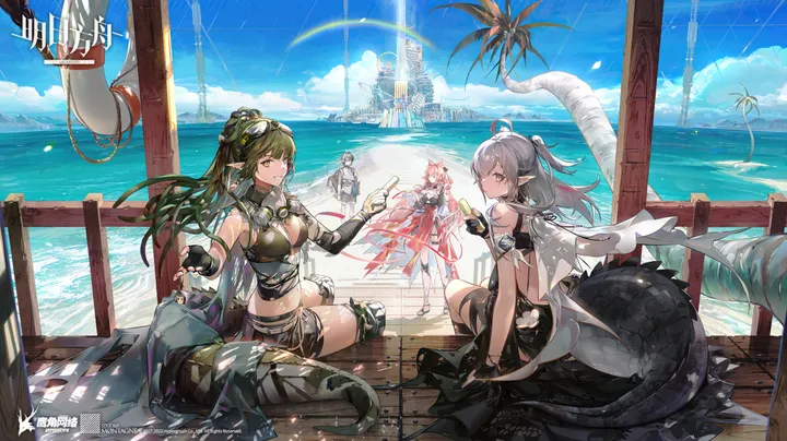 3girls,breasts,cloud,ahoge,sitting,multiple_girls,thighs,thigh_strap,sky,goggles_on_head,pointy_ears,official_alternate_costume,tail,very_long_hair,outdoors,gloves,goggles,holding,fingerless_gloves,horizontal,bikini,water,swimsuit,beach,grey_hair,day,looking_at_viewer,standing,pink_hair,green_hair,navel,blue_sky,thighhighs,long_hair,midriff,bare_shoulders,mask,food,crocodilian_tail,yellow_eyes,black_gloves,black_bikini