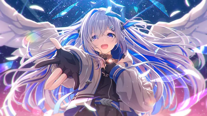 1girl,virtual_youtuber,upper_body,outstretched_arm,hood,colored_inner_hair,bangs,solo,hairclip,reaching_towards_viewer,multicolored_hair,angel,halo,angel_wings,sky,hair_ornament,jacket,official_alternate_hairstyle,official_alternate_hair_length,two_side_up,hair_between_eyes,open_mouth,gloves,partially_fingerless_gloves,hand_on_own_chest,streaked_hair,fingerless_gloves,star_symbol,star_halo,star_sky,horizontal,grey_hair,jewelry,white_jacket,white_wings,belt,looking_at_viewer,smile,pink_hair,purple_eyes,feathered_wings,wings,blue_hair,open_jacket,open_clothes,dress,long_hair,long_sleeves,black_gloves,black_shirt,black_dress