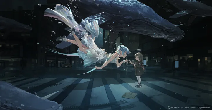 2girls,crosswalk,multiple_girls,building,outdoors,sleeveless,sleeveless_dress,brown_hair,horizontal,air_bubble,underwater,watermark,bubble,white_dress,white_footwear,looking_at_another,short_hair,blue_hair,bow,hair_bow,socks,dress,pantyhose,long_sleeves,shoes,whale,black_dress,black_footwear