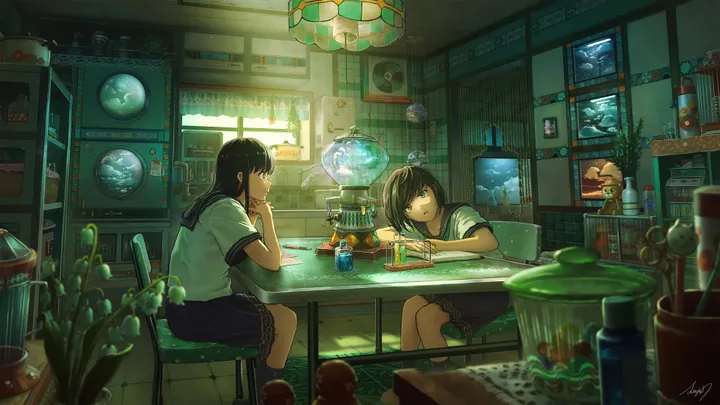 2girls,book,bookshelf,globe,sitting,shelf,multiple_girls,indoors,loaded_interior,head_rest,clock,cup,school_uniform,table,brown_hair,chair,plant,horizontal,serafuku,lamp,bottle,potted_plant,looking_at_another,short_hair,short_sleeves,skirt,signature,jar,analog_clock,long_hair,scenery,black_hair