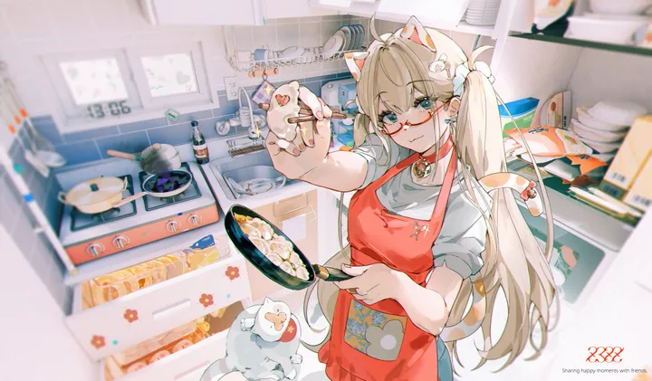 1girl,breasts,animal_ears,bangs,semi-rimless_eyewear,solo,kitchen,twintails,ahoge,closed_mouth,apron,hair_ornament,indoors,tail,frying_pan,very_long_hair,holding,blurry,blurry_background,horizontal,stove,cooking,fried_egg,cat,cat_girl,cat_tail,cat_hair_ornament,cat_ears,jewelry,bottle,white_shirt,looking_at_viewer,glasses,short_sleeves,standing,smile,red_apron,red-framed_eyewear,red_choker,earrings,blush,blue_eyes,egg,shirt,blonde_hair,bell,spatula,long_hair,choker,food,egg_food