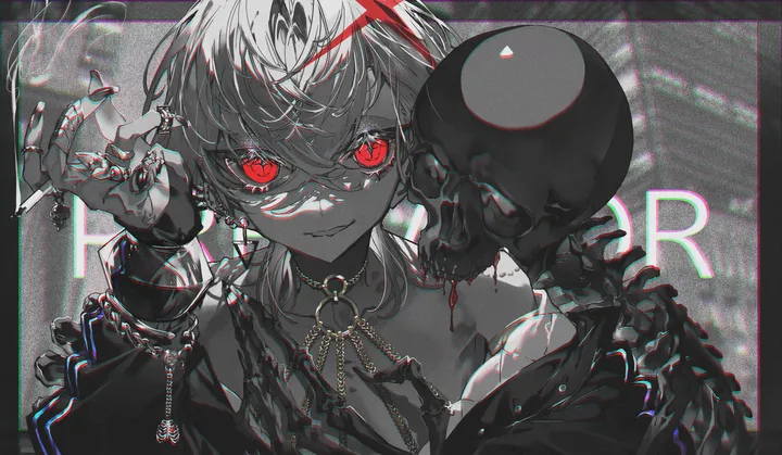 1girl,upper_body,bangs,solo,monochrome,multiple_rings,jacket,o-ring,spot_color,hair_between_eyes,ring,holding,fingernails,horizontal,smoke,jewelry,looking_at_viewer,short_hair,piercing,ear_piercing,smile,red_eyes,earrings,chromatic_aberration,blood,chain,collarbone,long_sleeves,bare_shoulders,skeleton