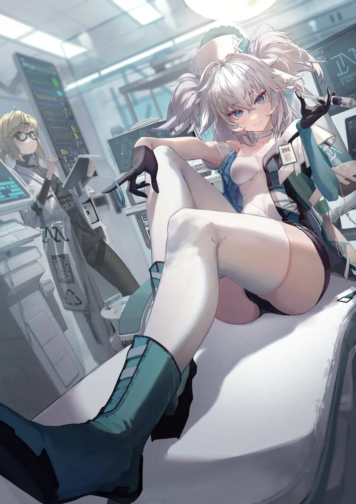 2girls,medium_breasts,breasts,underwear,panties,clipboard,bangs,twintails,closed_mouth,sitting,multiple_girls,indoors,hat,heart,heart-shaped_pupils,gloves,nurse_cap,holding,syringe,grey_hair,labcoat,looking_at_viewer,glasses,skirt,vertical,smile,symbol-shaped_pupils,blue_eyes,blue_footwear,id_card,thighhighs,pantyhose,blonde_hair,long_hair,boots,black_panties,black_gloves