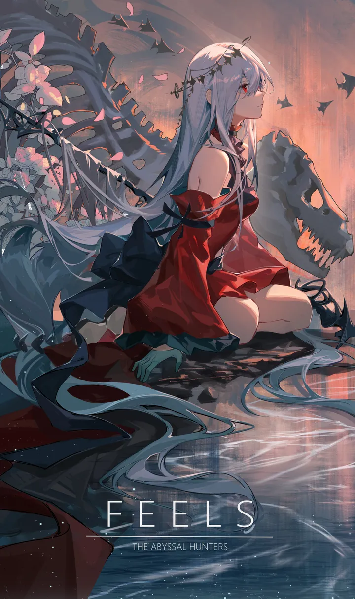 1girl,detached_sleeves,medium_breasts,breasts,from_side,bangs,solo,no_headwear,reflection,character_name,sitting,official_alternate_costume,wide_sleeves,hair_between_eyes,very_long_hair,gloves,water,aqua_gloves,grey_hair,white_hair,vertical,red_eyes,red_dress,petals,dress,long_hair,long_sleeves,bare_shoulders,ascot,skeleton,flower,black_ascot