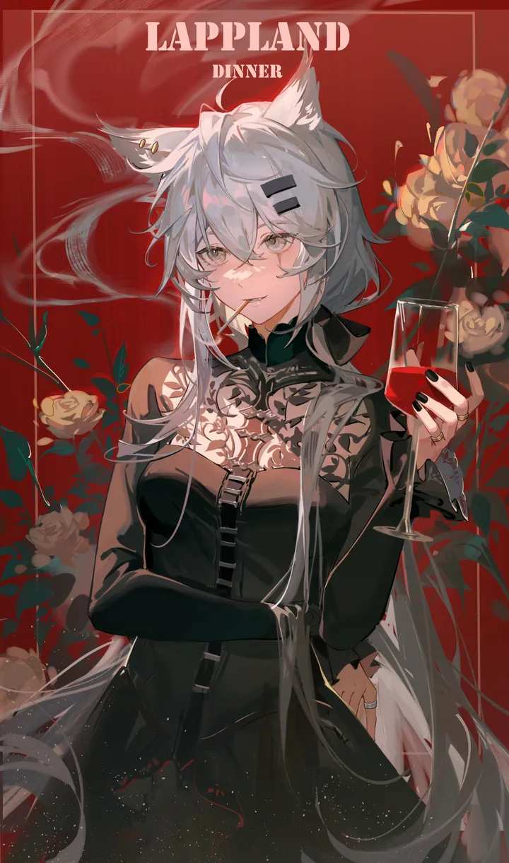 1girl,cowboy_shot,breasts,scar,animal_ears,bangs,solo,hairclip,character_name,smoking,hair_ornament,hair_between_eyes,very_long_hair,holding_cup,holding,nail_polish,cup,grey_hair,grey_eyes,smoke,wolf_girl,wolf_ears,rose,jewelry,mouth_hold,white_hair,looking_at_viewer,scar_across_eye,alternate_costume,vertical,smile,red_background,wine_glass,scar_on_face,dress,alcohol,drinking_glass,long_hair,long_sleeves,cigarette,flower,yellow_flower,black_nails,black_dress