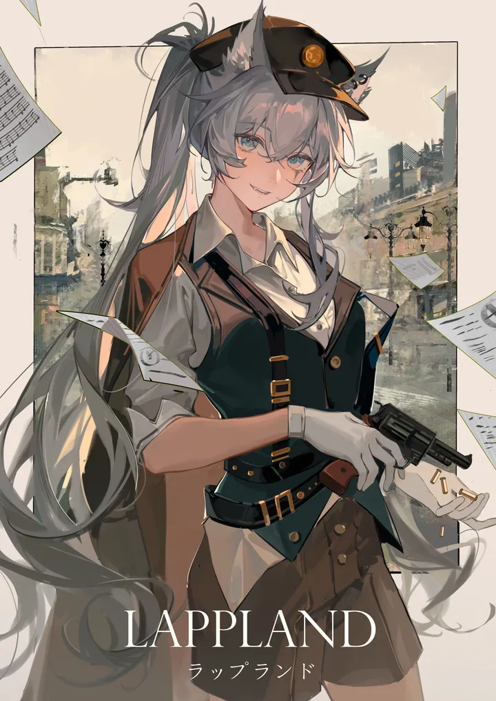 1girl,cowboy_shot,animal_ears,bangs,solo,coat,hat,hair_between_eyes,building,very_long_hair,parted_lips,gloves,holding_weapon,handgun,coat_on_shoulders,holding_gun,holding,collared_shirt,gun,brown_shorts,weapon,grey_hair,wolf_girl,wolf_ears,white_gloves,white_shirt,belt,looking_at_viewer,short_sleeves,shorts,alternate_costume,vertical,smile,paper,animal_ear_fluff,vest,blue_eyes,shirt,long_hair,ponytail,black_headwear