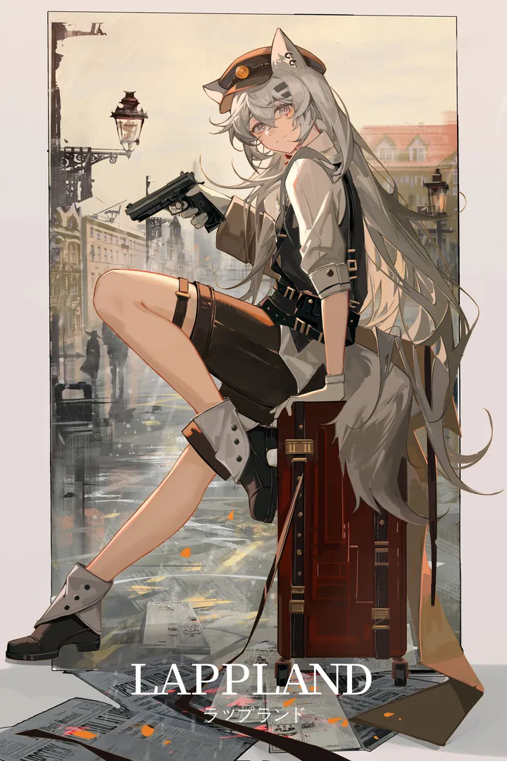 1girl,from_side,full_body,animal_ears,solo,hairclip,sitting,hair_ornament,official_alternate_costume,tail,hat,hair_between_eyes,very_long_hair,outdoors,gloves,holding_weapon,handgun,holding_gun,holding,gun,weapon,grey_hair,grey_eyes,wolf_girl,wolf_tail,wolf_ears,white_shirt,looking_at_viewer,shorts,vertical,vest,shirt,lamppost,long_hair,long_sleeves,boots,black_headwear,black_gloves,black_shorts,black_footwear,black_vest