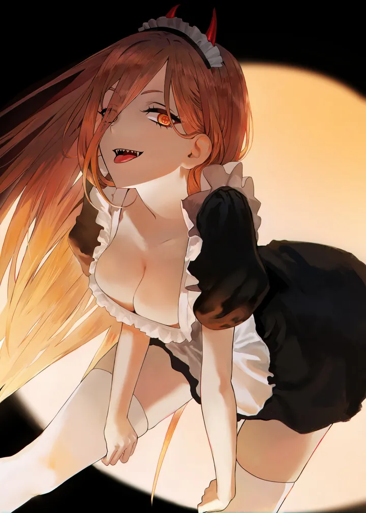 1girl,medium_breasts,breasts,cleavage,cross-shaped_pupils,solo,tongue_out,apron,fangs,maid,maid_apron,maid_headdress,enmaided,hair_between_eyes,open_mouth,bent_over,demon_horns,orange_eyes,teeth,white_thighhighs,looking_at_viewer,short_sleeves,alternate_costume,vertical,smile,symbol-shaped_pupils,red_eyes,red_horns,zettai_ryouiki,tongue,frills,puffy_sleeves,horns,leaning_forward,thighhighs,dress,eyes_visible_through_hair,collarbone,long_hair,one_eye_closed,sharp_teeth,black_dress