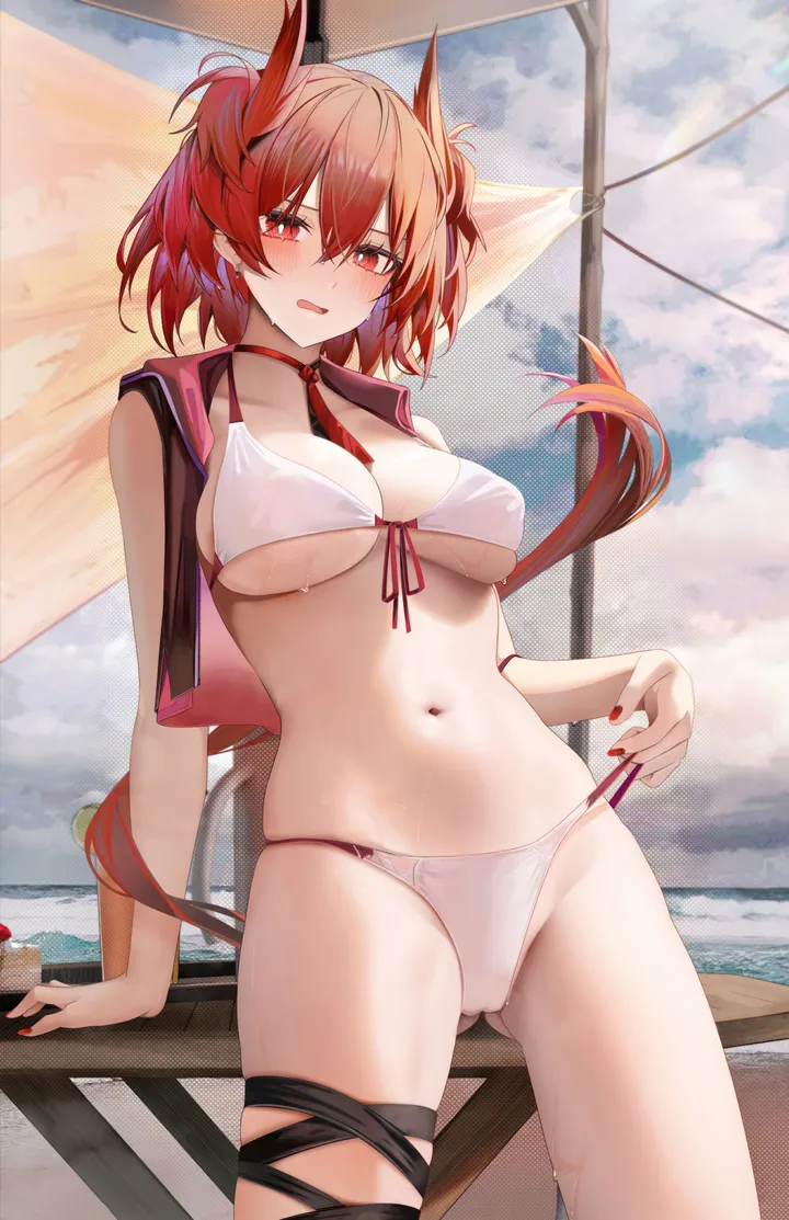 1girl,cowboy_shot,underboob,ribbon,breasts,cleavage,cloud,front-tie_top,bangs,solo,thighs,thigh_strap,sky,stomach,tail,hair_between_eyes,open_mouth,parted_lips,outdoors,arm_support,nail_polish,table,bikini,water,beach_umbrella,swimsuit,day,white_bikini,looking_at_viewer,short_hair,alternate_costume,vertical,red_hair,red_nails,red_eyes,red_necktie,front-tie_bikini_top,feather_hair,navel,blush,blue_sky,skindentation,wet,open_vest,open_clothes,leaning_back,large_breasts,umbrella,choker,necktie,food,bird_tail,bird_ears