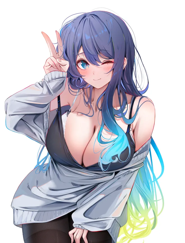 1girl,cowboy_shot,breasts,cleavage,underwear,bangs,solo,closed_mouth,multicolored_hair,very_long_hair,hand_up,simple_background,v,sweater,gradient_hair,grey_sweater,white_background,looking_at_viewer,vertical,smile,bra,blush,blue_hair,blue_eyes,leaning_forward,large_breasts,pantyhose,blonde_hair,collarbone,long_hair,long_sleeves,one_eye_closed,bare_shoulders,off_shoulder,black_pantyhose