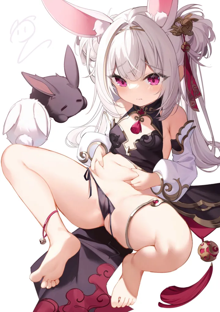 1girl,double_bun,detached_sleeves,chinese_clothes,breasts,side-tie_panties,rabbit,rabbit_ears,animal_ears,underwear,panties,spread_legs,bangs,animal,solo,legs,hairband,closed_mouth,hair_bun,thighs,thigh_strap,thighlet,belly_grab,simple_background,jewelry,white_hair,white_background,vertical,animal_ear_fluff,navel,feet,soles,toes,anklet,blush,loli,barefoot,extra_ears,untied_panties,untied,small_breasts,dress,long_hair,bare_shoulders,black_panties