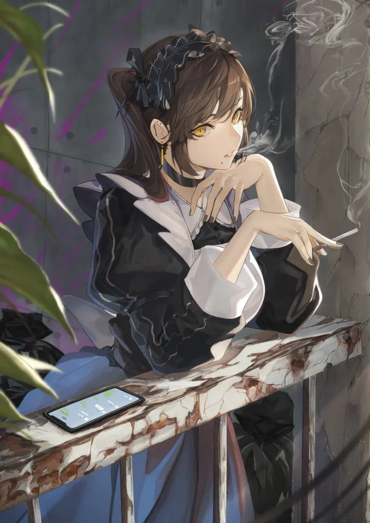 1girl,bangs,solo,smoking,apron,maid,maid_headdress,holding_cigarette,phone,holding,nail_polish,smartphone,brown_hair,smoke,jewelry,looking_at_viewer,cellphone,vertical,earrings,puffy_sleeves,dress,long_hair,long_sleeves,choker,cigarette,yellow_eyes,black_nails,black_dress,black_choker