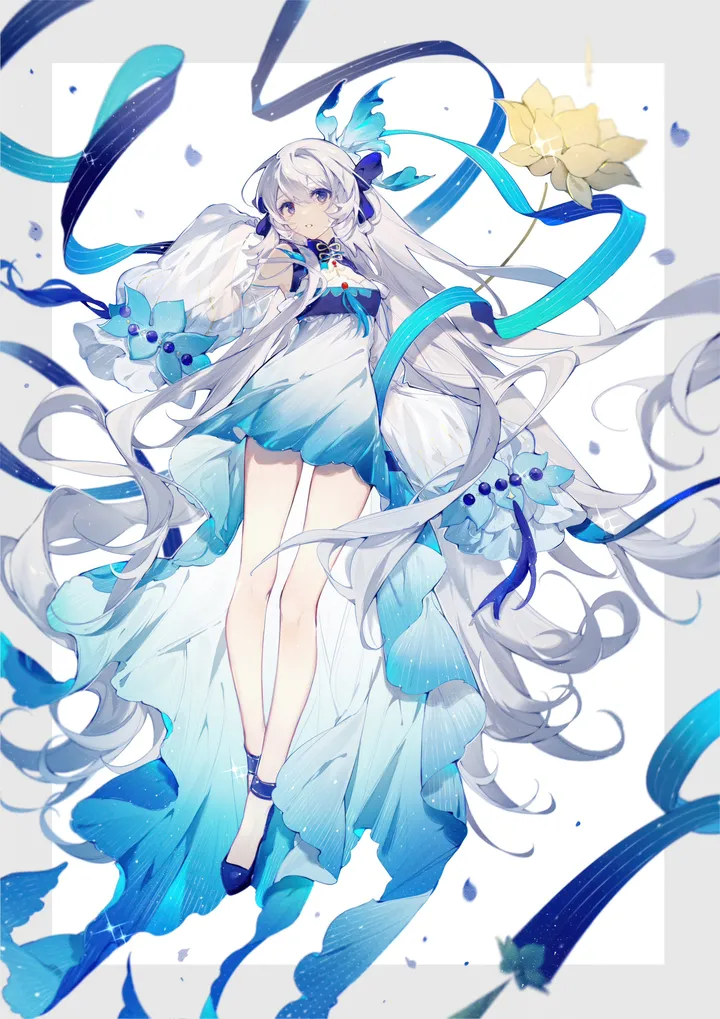 1girl,detached_sleeves,full_body,bangs,solo,closed_mouth,wide_sleeves,very_long_hair,hand_up,simple_background,white_hair,white_background,looking_at_viewer,vertical,purple_eyes,blue_dress,blue_footwear,sleeves_past_wrists,dress,long_hair,long_sleeves,bare_shoulders,flower