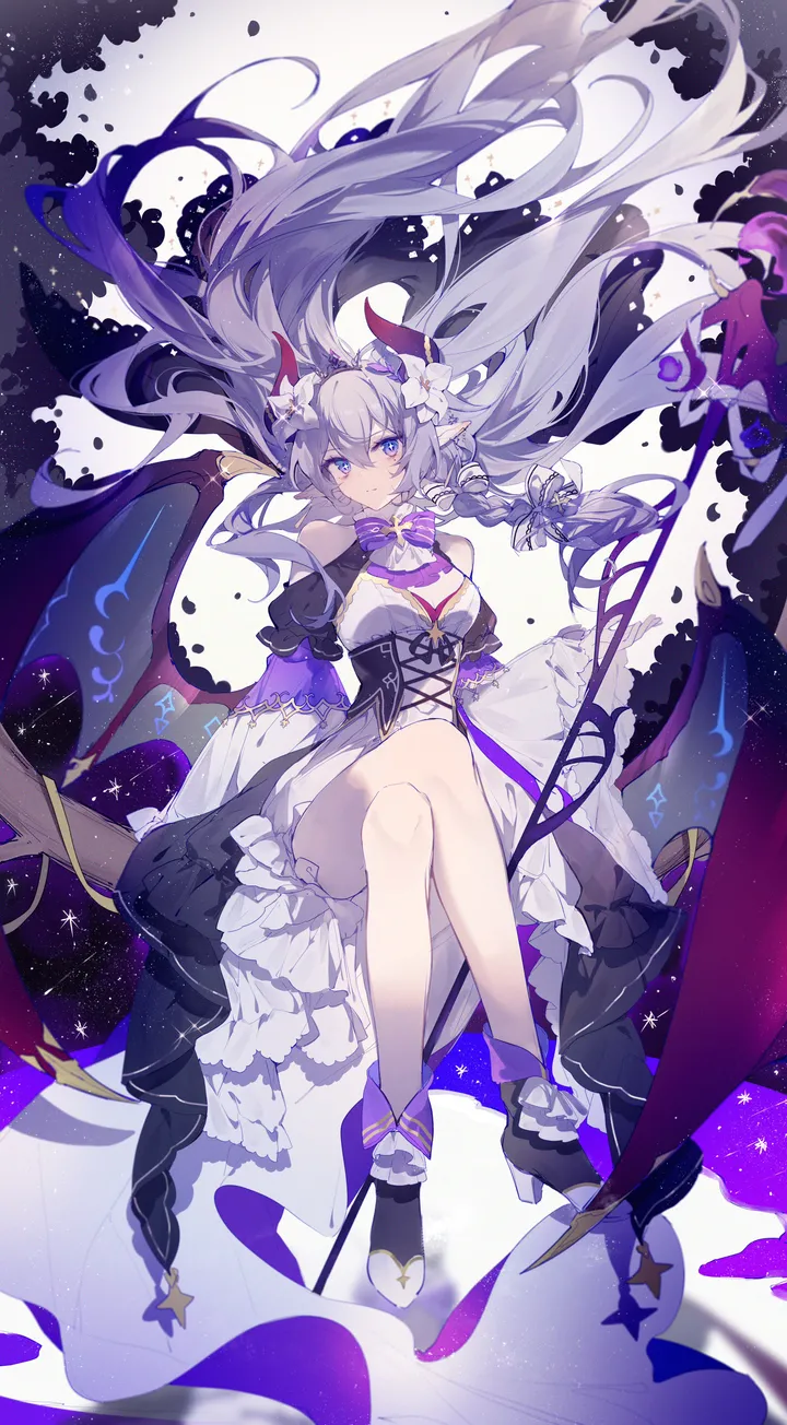 1girl,virtual_youtuber,braid,detached_sleeves,medium_breasts,breasts,cleavage,crossed_legs,bangs,solo,sitting,hair_ornament,pointy_ears,very_long_hair,demon_girl,demon_wings,demon_horns,staff,white_hair,looking_at_viewer,vertical,purple_hair,purple_bow,purple_bowtie,wings,frills,blue_eyes,horns,dress,long_hair,bare_shoulders,floating_hair,high_heels