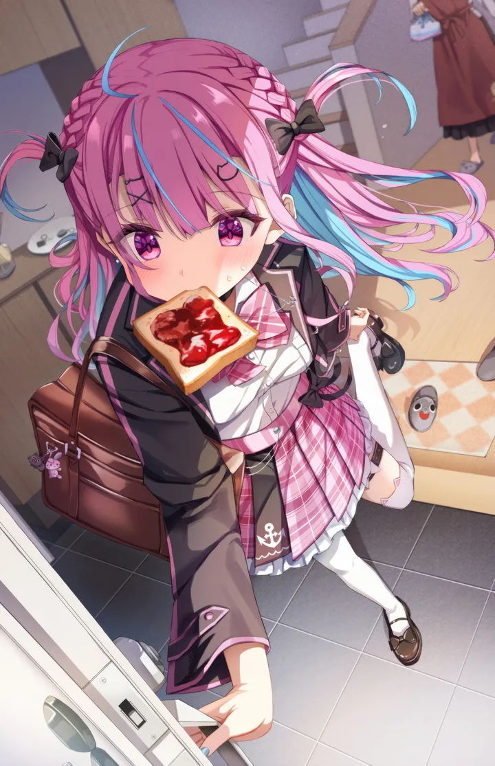 2girls,3girls,virtual_youtuber,x_hair_ornament,braid,school_bag,colored_inner_hair,bangs,bag,solo_focus,standing_on_one_leg,two-tone_hair,hairclip,toast_in_mouth,ahoge,food_in_mouth,multiple_girls,multicolored_hair,hair_ornament,jacket,running,indoors,two_side_up,open_door,nail_polish,streaked_hair,school_uniform,plaid,plaid_skirt,plaid_bow,sweatdrop,toast,cat_hair_ornament,mouth_hold,white_shirt,pleated_skirt,skirt,vertical,standing,pink_hair,pink_eyes,pink_skirt,pink_bow,pink_bowtie,purple_eyes,blush,frills,frilled_skirt,blue_hair,blue_nails,bow,hair_bow,shirt,blazer,open_jacket,open_clothes,thighhighs,long_hair,long_sleeves,door,shoes,bowtie,food,black_jacket,black_bow,black_footwear