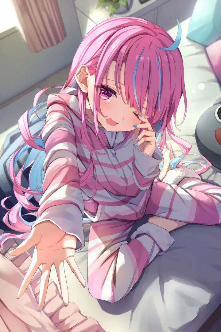 1girl,virtual_youtuber,outstretched_arm,hood,colored_inner_hair,bangs,solo,two-tone_hair,reaching_towards_viewer,ahoge,on_bed,sitting,multicolored_hair,indoors,bed,open_mouth,very_long_hair,nail_polish,streaked_hair,rubbing_eyes,striped_jacket,striped,striped_pants,pillow,looking_at_viewer,pajamas,window,curtains,vertical,pink_hair,purple_eyes,blush,blue_hair,blue_nails,pants,barefoot,waking_up,long_hair,long_sleeves,one_eye_closed