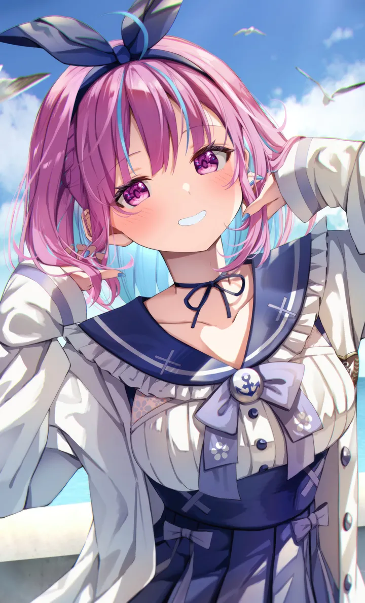 1girl,virtual_youtuber,braid,ribbon,breasts,cloud,upper_body,colored_inner_hair,bangs,solo,hands_up,two-tone_hair,hairband,ahoge,multicolored_hair,sky,jacket,frilled_sailor_collar,outdoors,nail_polish,streaked_hair,sailor_collar,day,white_jacket,white_shirt,pleated_skirt,looking_at_viewer,skirt,vertical,smile,pink_hair,purple_hair,purple_eyes,blush,frills,blue_ribbon,blue_hairband,blue_sky,blue_hair,blue_nails,blue_sailor_collar,blue_skirt,blue_choker,bow,shirt,sleeves_past_wrists,open_jacket,open_clothes,large_breasts,collarbone,anchor_symbol,long_sleeves,grin,choker,high-waist_skirt,bird