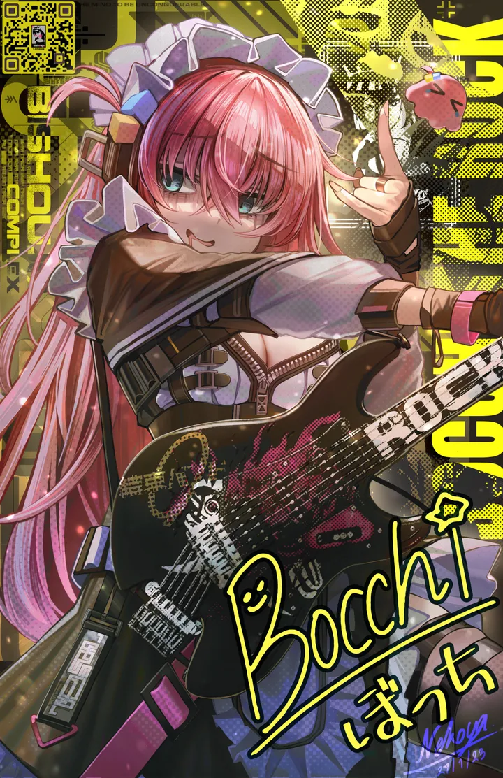 1girl,instrument,breasts,cleavage,bangs,solo,one_side_up,guitar,hair_ornament,jacket,maid,maid_headdress,hair_between_eyes,open_mouth,holding_instrument,holding,electric_guitar,gibson_les_paul,skirt,cube_hair_ornament,vertical,pink_hair,blue_eyes,long_hair