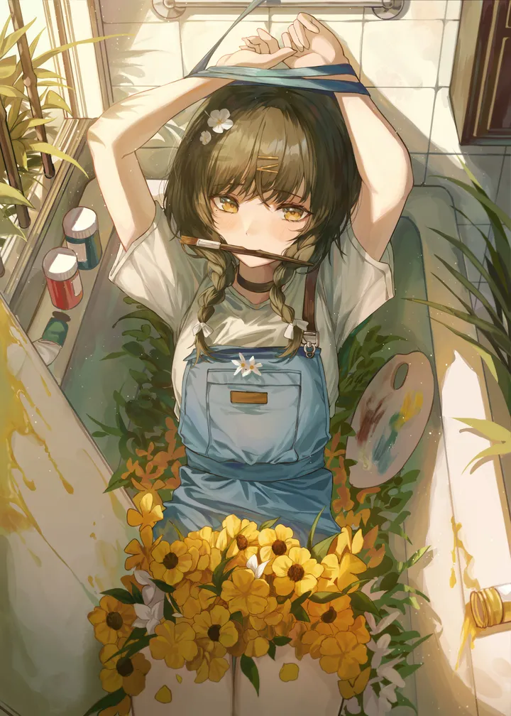 1girl,braid,twin_braids,arms_up,on_back,bangs,solo,hairclip,sitting,hair_flower,hair_ornament,indoors,overalls,bound,brown_hair,brown_eyes,plant,bathtub,tiles,tile_wall,mouth_hold,white_flower,white_shirt,looking_at_viewer,short_sleeves,vertical,paintbrush,shirt,long_hair,choker,flower,yellow_eyes,yellow_flower,black_choker