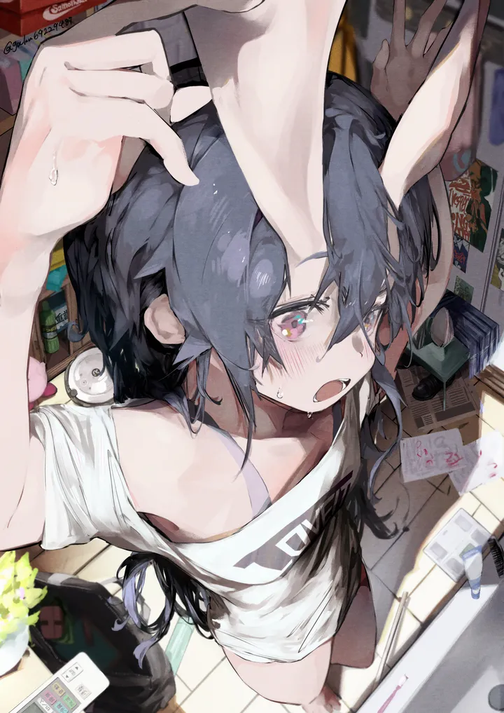 1girl,arms_up,from_above,bangs,solo,indoors,hair_between_eyes,open_mouth,plant,sweat,white_shirt,potted_plant,vertical,standing,purple_eyes,blush,blue_hair,shirt,barefoot,horns,long_hair,oni_horns,black_hair