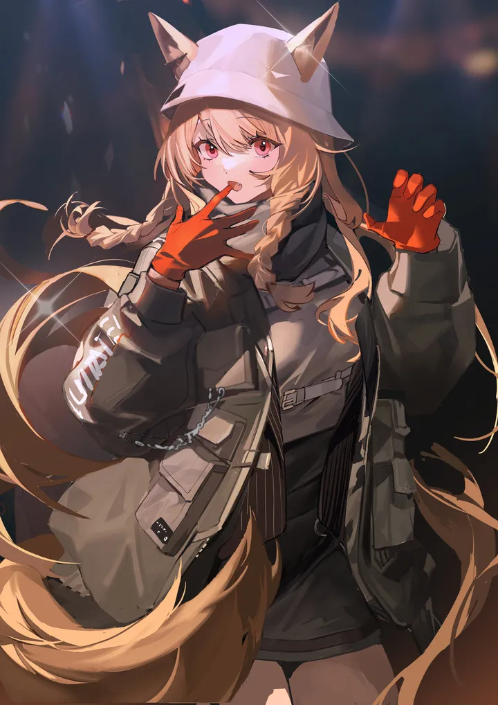 1girl,cowboy_shot,braid,twin_braids,animal_ears,bangs,solo,hands_up,claw_pose,scarf,jacket,official_alternate_costume,tail,hat,open_mouth,very_long_hair,gloves,ears_through_headwear,brown_hair,blurry,blurry_background,dog_girl,dog_tail,dog_ears,white_headwear,looking_at_viewer,skirt,vertical,red_gloves,red_eyes,fang,shirt,open_jacket,open_clothes,chain,long_hair,long_sleeves,black_jacket,black_skirt