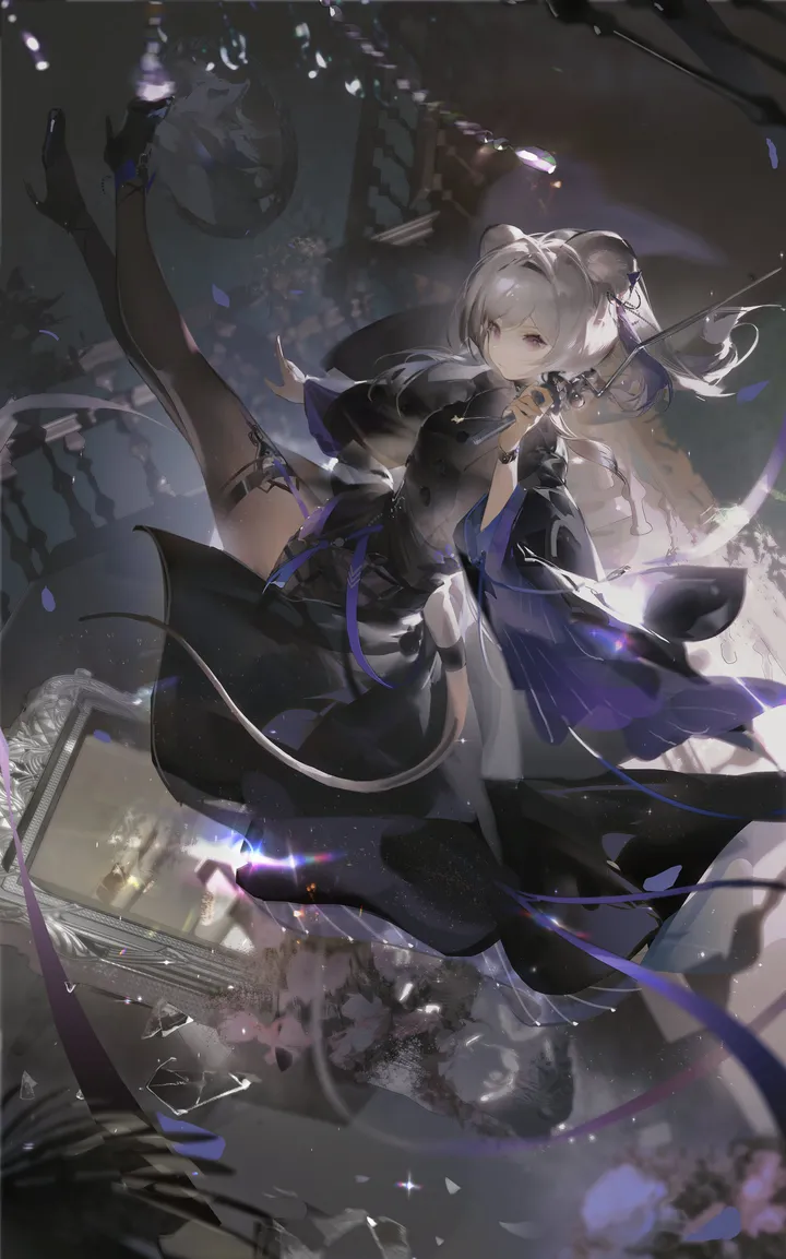 1girl,medium_breasts,breasts,full_body,animal_ears,bangs,solo,leg_up,closed_mouth,official_alternate_costume,wide_sleeves,holding,grey_hair,picture_frame,looking_at_viewer,vertical,purple_eyes,mouse_ears,thighhighs,dress,long_hair,long_sleeves,high_heels,black_thighhighs,black_dress,black_footwear