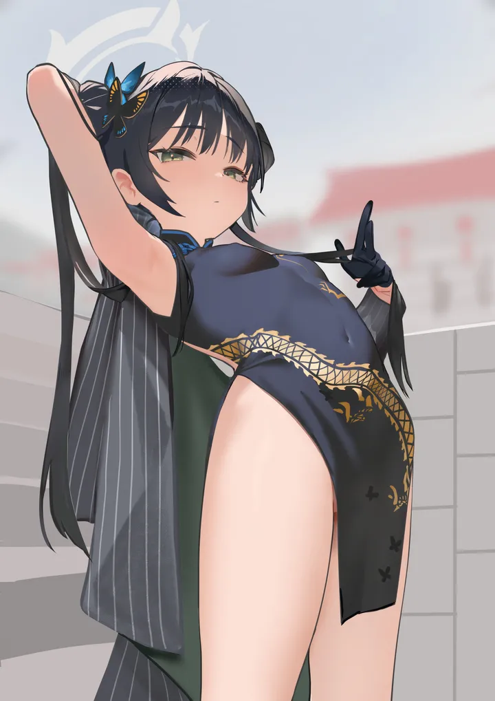 1girl,chinese_clothes,arm_up,breasts,bangs,half_gloves,solo,closed_mouth,hair_bun,thighs,hair_ornament,gloves,china_dress,pelvic_curtain,sleeveless,sleeveless_dress,blurry,blurry_background,looking_at_viewer,vertical,green_eyes,armpits,butterfly_hair_ornament,small_breasts,dress,long_hair,covered_navel,black_hair,black_gloves,black_dress