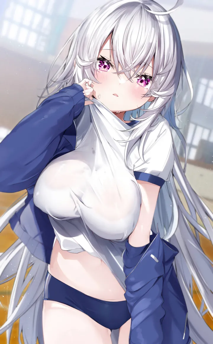 1girl,cowboy_shot,breasts,crossed_bangs,gym_uniform,bangs,solo,ahoge,thighs,jacket,indoors,hair_between_eyes,very_long_hair,parted_lips,clothes_lift,blurry,blurry_background,sweat,white_hair,white_shirt,looking_at_viewer,short_sleeves,vertical,standing,purple_eyes,navel,blush,blue_jacket,blue_buruma,shirt,shirt_lift,open_jacket,open_clothes,large_breasts,buruma,long_hair,long_sleeves,midriff,off_shoulder