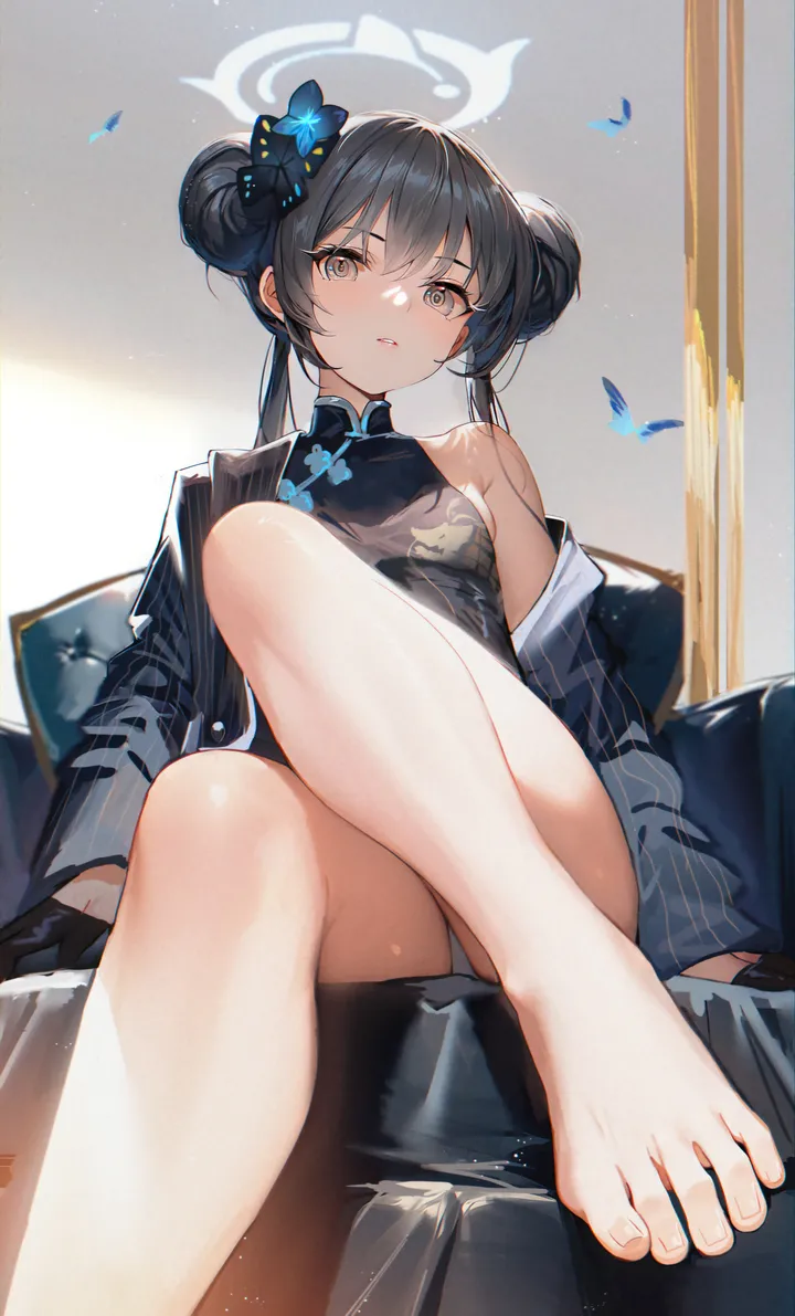 1girl,foot_out_of_frame,double_bun,chinese_clothes,breasts,crossed_legs,underwear,panties,pantyshot,bangs,solo,legs,closed_mouth,hair_bun,sitting,thighs,halo,hair_flower,hair_ornament,sidelocks,indoors,parted_lips,china_dress,brown_eyes,foreshortening,couch,foot_focus,white_panties,looking_at_viewer,vertical,feet,toes,toenails,blue_flower,blue_butterfly,bug,butterfly,bare_legs,barefoot,dress,long_sleeves,bare_shoulders,off_shoulder,flower,black_hair,black_dress