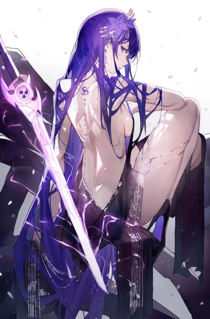 1girl,breasts,sideboob,bangs,sword,solo,back,sitting,thighs,hair_flower,hair_ornament,tomoe_symbol,very_long_hair,knees_up,electricity,mitsudomoe_shape,simple_background,weapon,mole_under_eye,jewelry,mole,white_background,alternate_costume,vertical,purple_hair,purple_eyes,purple_flower,tattoo,earrings,from_behind,back_tattoo,bare_back,bare_arms,large_breasts,dress,long_hair,bare_shoulders,backless_outfit,backless_dress,high_heels,flower,black_dress