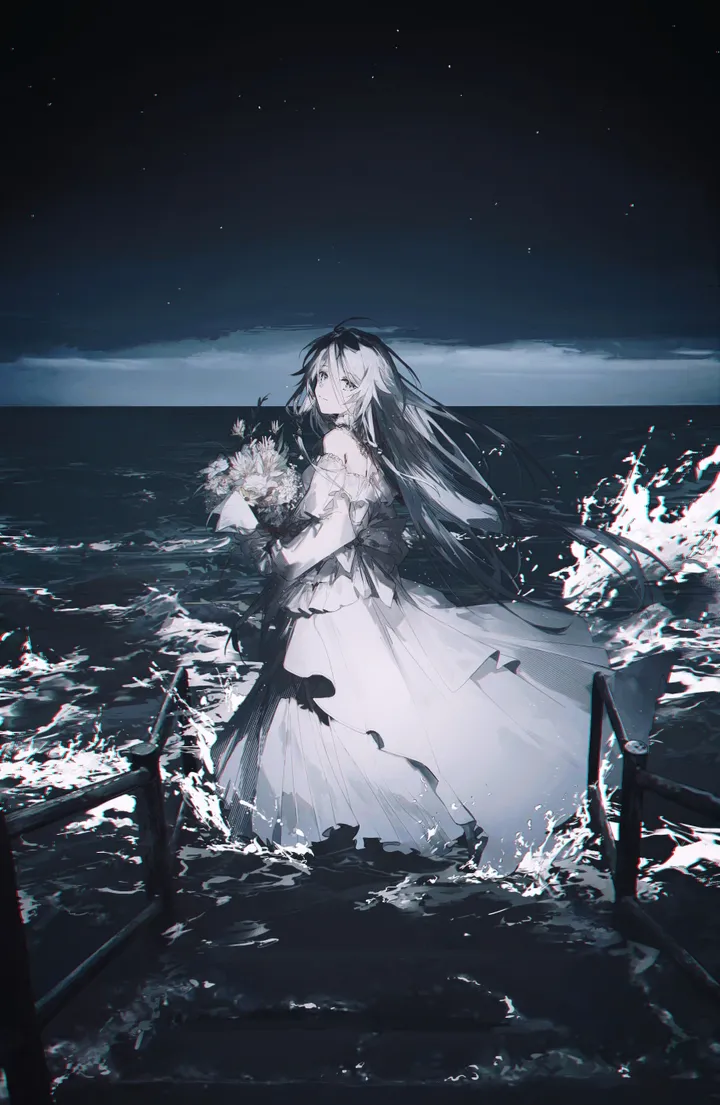 1girl,bangs,solo,night,night_sky,sky,very_long_hair,outdoors,holding_bouquet,holding,holding_flower,star_sky,starry_sky,water,waves,ocean,wading,white_hair,white_flower,white_dress,looking_at_viewer,vertical,standing,bouquet,blue_eyes,dress,long_hair,bare_shoulders,off_shoulder,off-shoulder_dress,flower,black_hair