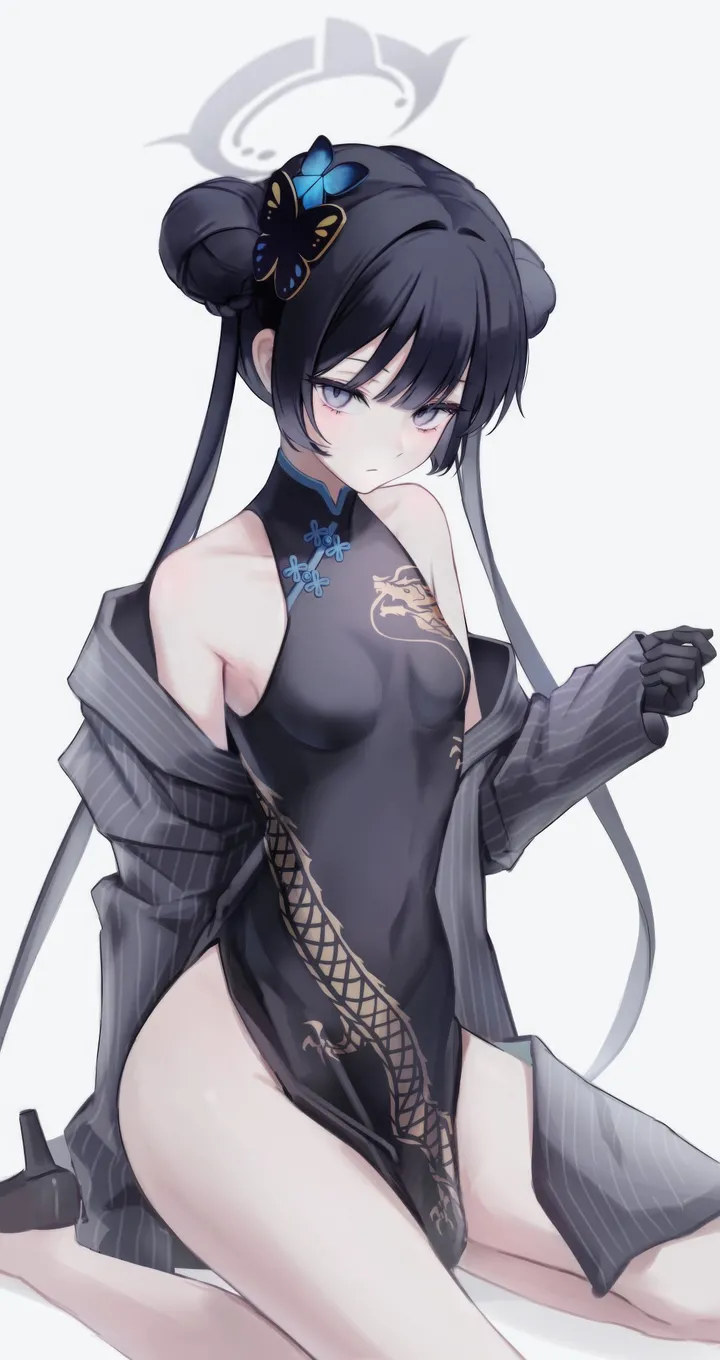 1girl,double_bun,no_panties,chinese_clothes,breasts,side_slit,bangs,solo,twintails,closed_mouth,hair_bun,sitting,thighs,hair_ornament,jacket,gloves,china_dress,pelvic_curtain,sleeveless,sleeveless_dress,simple_background,striped,grey_jacket,grey_eyes,white_background,looking_at_viewer,vertical,butterfly_hair_ornament,bare_legs,open_clothes,small_breasts,dress,collarbone,long_hair,long_sleeves,covered_navel,bare_shoulders,off_shoulder,high_heels,wariza,black_hair,black_gloves,black_dress,black_footwear