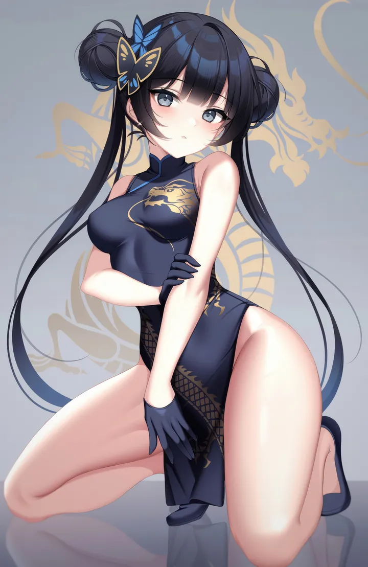 1girl,double_bun,no_panties,chinese_clothes,medium_breasts,breasts,side_slit,full_body,bangs,half_gloves,solo,twintails,reflection,closed_mouth,hair_bun,thighs,hair_ornament,very_long_hair,gloves,china_dress,pelvic_curtain,sleeveless,sleeveless_dress,looking_at_viewer,vertical,groin,blush,butterfly_hair_ornament,bare_legs,bare_arms,kneeling,dress,long_hair,bare_shoulders,black_hair,black_gloves,black_dress,black_footwear