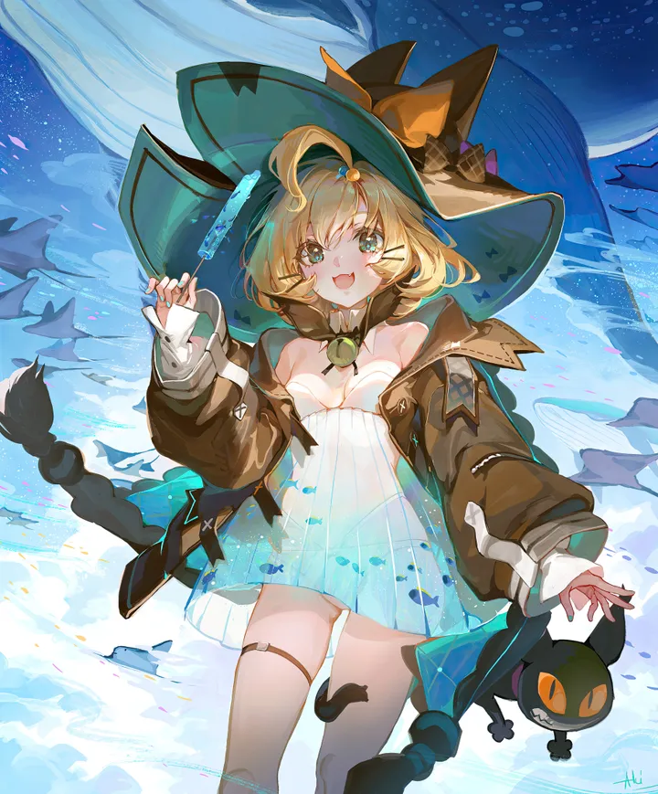 1girl,virtual_youtuber,breasts,cleavage,popsicle,bangs,solo,ahoge,large_hat,thigh_strap,jacket,witch_hat,hat,open_mouth,holding,nail_polish,strapless,aqua_nails,cat,white_dress,looking_at_viewer,short_hair,vertical,smile,green_eyes,bow,open_jacket,open_clothes,small_breasts,dress,blonde_hair,bell,bare_shoulders,off_shoulder,food,fish,black_headwear,black_jacket