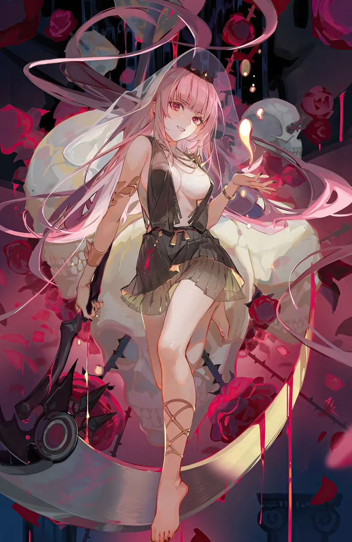 1girl,virtual_youtuber,breasts,cleavage,full_body,bangs,solo,legs,scythe,center_opening,very_long_hair,parted_lips,holding_weapon,holding_scythe,bracelet,holding,nail_polish,weapon,toenail_polish,rose,jewelry,tiara,looking_at_viewer,alternate_costume,vertical,smile,pink_hair,pink_eyes,red_eyes,feet,toes,toenails,armlet,petals,barefoot,large_breasts,dress,long_hair,veil,skull,flower,black_dress