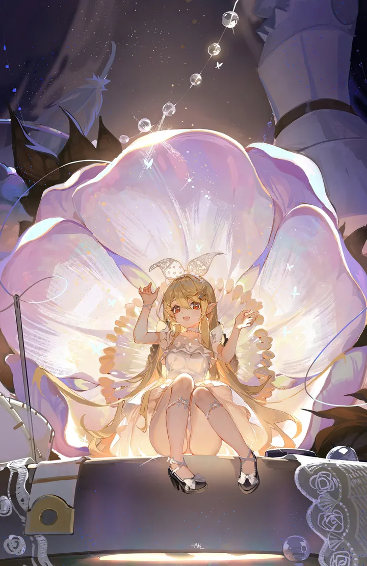 1girl,arms_up,full_body,underwear,panties,bangs,solo,knees_together_feet_apart,sitting,halo,hair_ornament,pointy_ears,open_mouth,very_long_hair,white_panties,white_dress,looking_at_viewer,vertical,smile,red_eyes,wings,dress,blonde_hair,long_hair,bare_shoulders,shoes,high_heels,flower,black_footwear