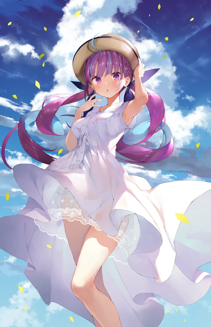 1girl,virtual_youtuber,braid,ribbon,medium_breasts,arm_up,breasts,cloud,colored_inner_hair,bangs,see-through,solo,two-tone_hair,twintails,ahoge,cloudy_sky,multicolored_hair,thighs,sky,sundress,hair_ribbon,hat,armpit_peek,parted_lips,outdoors,hand_on_headwear,nail_polish,streaked_hair,sleeveless,day,white_dress,looking_at_viewer,vertical,purple_hair,purple_eyes,blush,armpits,petals,falling_leaves,blue_sky,blue_hair,bare_arms,dress,long_hair