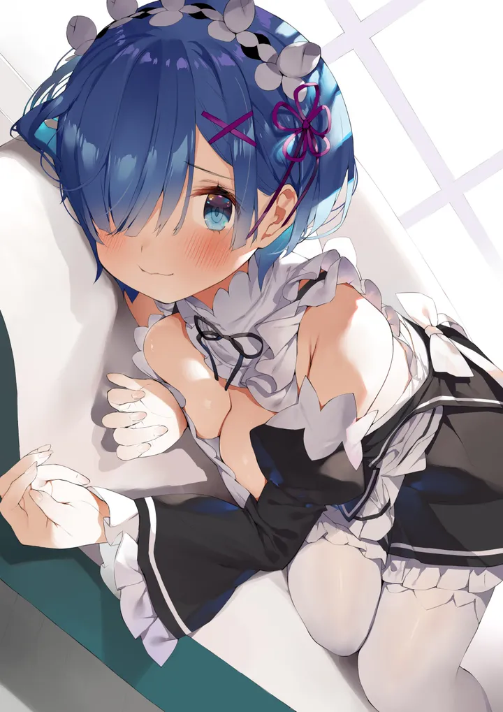 1girl,x_hair_ornament,detached_sleeves,ribbon,medium_breasts,breasts,cleavage,on_side,bangs,solo,closed_mouth,hair_ribbon,hair_ornament,hair_over_one_eye,maid,maid_headdress,breast_press,white_pantyhose,looking_at_viewer,short_hair,vertical,blush,frills,blue_hair,blue_eyes,lying,large_breasts,dress,pantyhose,long_sleeves,bare_shoulders,black_dress