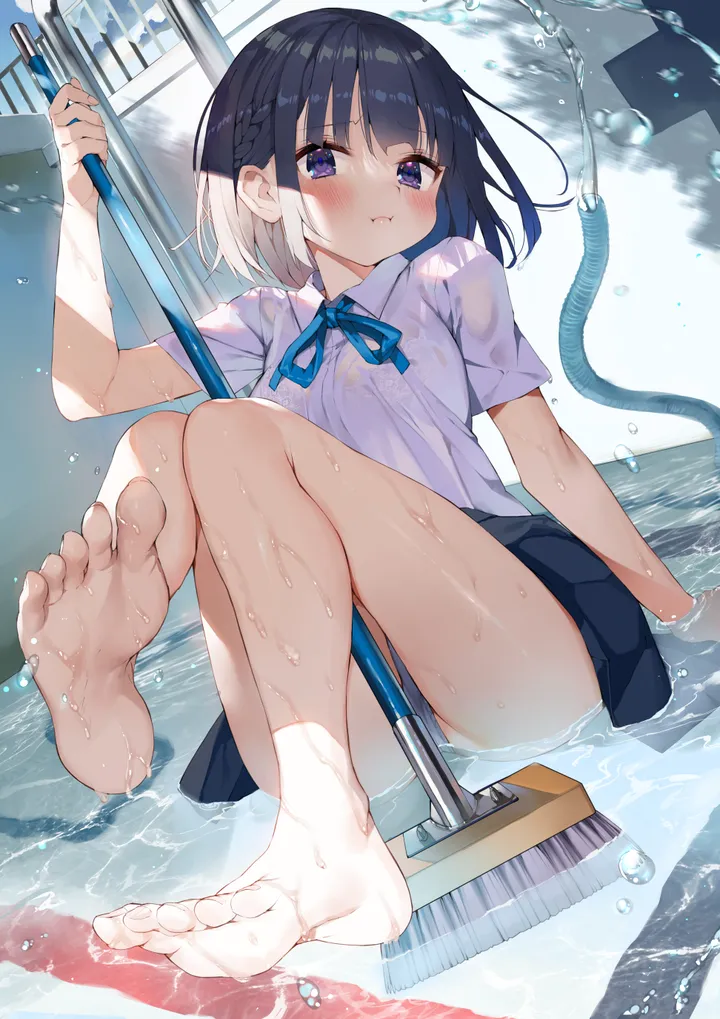 1girl,braid,ribbon,underwear,panties,bangs,see-through,solo,closed_mouth,sitting,arm_support,broom,mop,holding,collared_shirt,school_uniform,pout,water,pool,pool_ladder,white_panties,white_shirt,pleated_skirt,looking_at_viewer,short_hair,short_sleeves,skirt,vertical,purple_eyes,bra,feet,soles,toes,blush,blue_ribbon,shirt,wet_clothes,wet_shirt,wet,bare_legs,barefoot,hose,neck_ribbon,black_hair,black_skirt