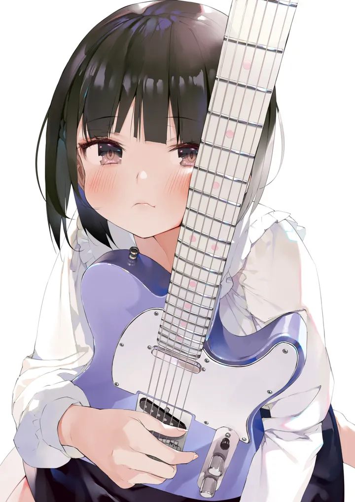 1girl,instrument,bangs,solo,guitar,closed_mouth,holding_instrument,holding,simple_background,brown_eyes,electric_guitar,white_background,white_shirt,looking_at_viewer,short_hair,skirt,vertical,blush,shirt,long_sleeves,black_hair,black_skirt