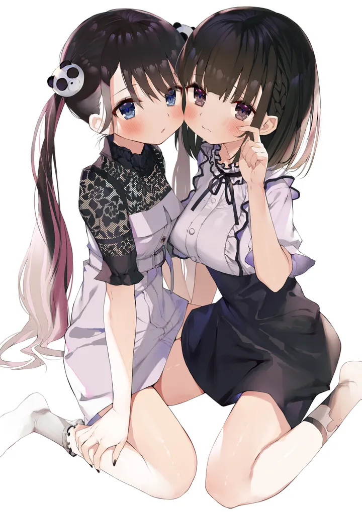 2girls,braid,medium_breasts,breasts,bangs,twintails,suspender_skirt,closed_mouth,sitting,multiple_girls,multicolored_hair,hair_ornament,heads_together,very_long_hair,hand_up,nail_polish,simple_background,brown_hair,brown_eyes,no_shoes,white_background,white_shirt,looking_at_viewer,short_hair,short_sleeves,skirt,vertical,suspenders,blush,cheek-to-cheek,frills,blue_eyes,shirt,socks,dress,long_hair,wariza,black_hair,black_nails,black_skirt,black_shirt