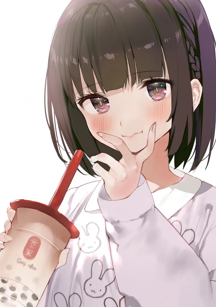 1girl,braid,upper_body,bangs,solo,drinking_straw,closed_mouth,holding_cup,hand_up,holding,nail_polish,simple_background,cup,brown_hair,bubble_tea,white_background,white_shirt,blunt_bangs,looking_at_viewer,short_hair,vertical,smile,blush,shirt,long_sleeves,disposable_cup,black_hair