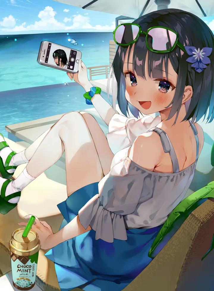 1girl,cloud,bangs,solo,wrist_scrunchie,drinking_straw,looking_back,horizon,sitting,sunglasses,sky,hair_flower,hair_ornament,open_mouth,outdoors,phone,scrunchie,holding,cup,water,ocean,day,white_shirt,white_socks,looking_at_viewer,glasses,eyewear_on_head,short_hair,short_sleeves,skirt,cellphone,vertical,smile,purple_eyes,green-framed_eyewear,green_footwear,blush,blue_sky,blue_skirt,shirt,socks,umbrella,bare_shoulders,off_shoulder,off-shoulder_shirt,disposable_cup,flower,black_hair