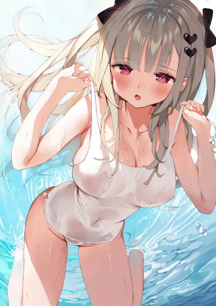 1girl,one-piece_swimsuit,ribbon,breasts,cleavage,bangs,see-through,solo,thighs,hair_ornament,two_side_up,open_mouth,heart,heart_hair_ornament,school_swimsuit,water,swimsuit,wading,white_one-piece_swimsuit,blunt_bangs,looking_at_viewer,vertical,red_eyes,blush,bow,hair_bow,wet_swimsuit,wet_clothes,wet,kneeling,large_breasts,collarbone,long_hair,covered_nipples,covered_navel,bare_shoulders,black_bow