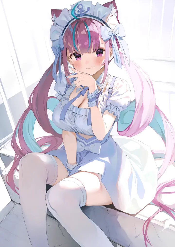 1girl,virtual_youtuber,ribbon,between_legs,breasts,cleavage,animal_ears,colored_inner_hair,bangs,solo,feet_out_of_frame,two-tone_hair,twintails,ahoge,closed_mouth,sitting,multicolored_hair,maid_headdress,very_long_hair,hand_between_legs,hand_up,nail_polish,streaked_hair,cat_ears,white_bow,white_thighhighs,looking_at_viewer,short_sleeves,skirt,vertical,smile,wrist_cuffs,purple_hair,purple_eyes,animal_ear_fluff,blush,frills,blue_hair,blue_nails,blue_bow,puffy_sleeves,bow,hair_bow,shirt,large_breasts,thighhighs,anchor_symbol,long_hair,high-waist_skirt