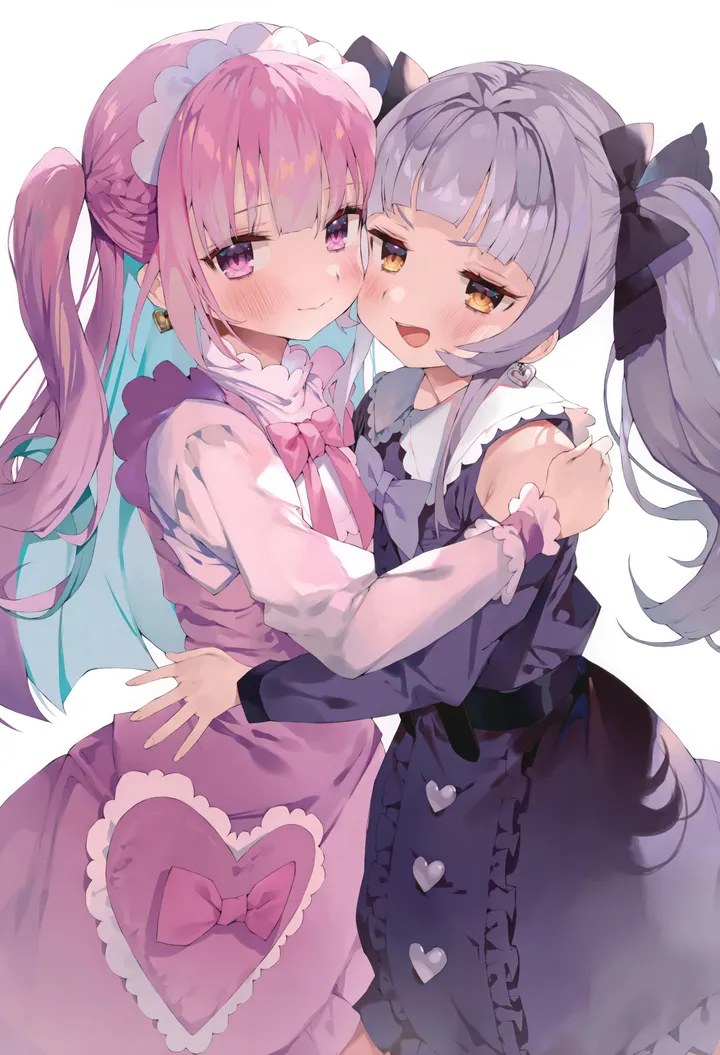 2girls,virtual_youtuber,braid,animal_ears,colored_inner_hair,bangs,two-tone_hair,twintails,closed_mouth,multiple_girls,multicolored_hair,heads_together,maid_headdress,two_side_up,open_mouth,heart,heart_earrings,hug,streaked_hair,simple_background,grey_hair,jewelry,white_background,white_shirt,blunt_bangs,looking_at_viewer,vertical,smile,pink_hair,pink_eyes,pink_bow,pink_dress,purple_hair,purple_eyes,earrings,blush,cheek-to-cheek,frills,blue_hair,bow,hair_bow,shirt,dress,long_hair,long_sleeves,yellow_eyes,black_bow,black_dress