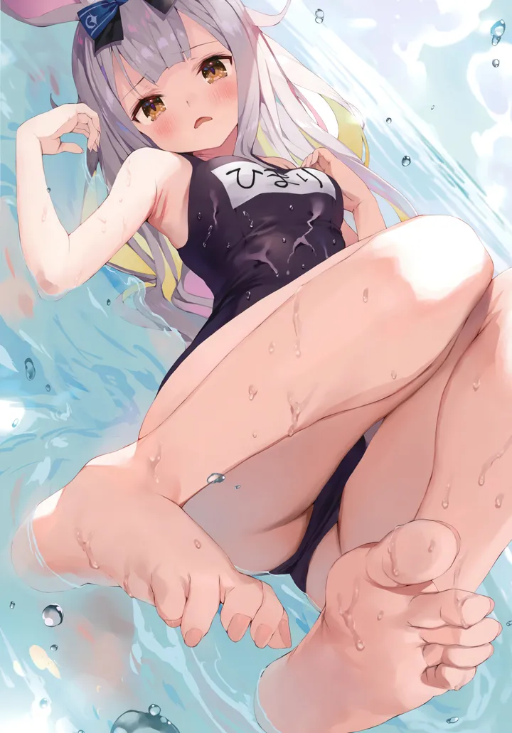 1girl,virtual_youtuber,one-piece_swimsuit,breasts,on_back,rabbit_ears,animal_ears,bangs,solo,legs,multicolored_hair,thighs,open_mouth,brown_eyes,foreshortening,school_swimsuit,water,swimsuit,grey_hair,foot_focus,blunt_bangs,looking_at_viewer,vertical,feet,soles,toes,toenails,blush,blue_bow,blue_one-piece_swimsuit,bow,hair_bow,wet_swimsuit,wet_clothes,wet,bare_legs,bare_arms,barefoot,name_tag,lying,small_breasts,long_hair,bare_shoulders,black_one-piece_swimsuit