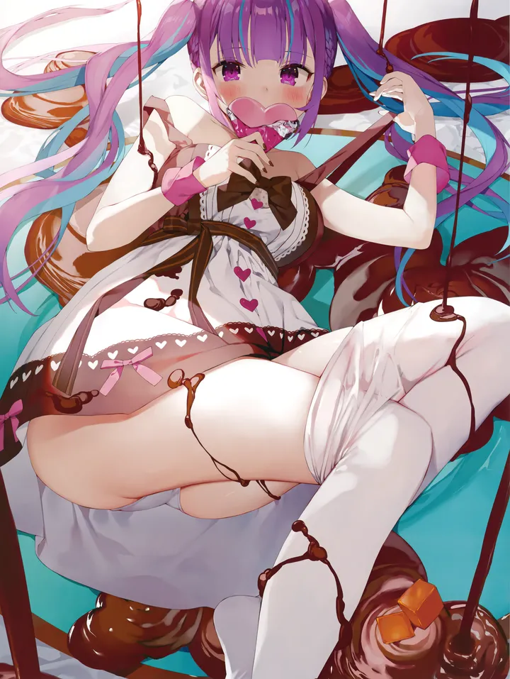 1girl,virtual_youtuber,clothes_pull,medium_breasts,breasts,on_side,colored_inner_hair,underwear,panties,bangs,solo,two-tone_hair,twintails,ahoge,multicolored_hair,thighs,ass,chocolate,heart,valentine,holding,streaked_hair,white_panties,white_pantyhose,looking_at_viewer,vertical,candy,purple_hair,purple_eyes,blush,blue_hair,pantyhose_pull,lying,dress,pantyhose,long_hair,bare_shoulders,food